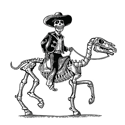 The rider in the Mexican man national costumes galloping on skeleton horse. Day of the Dead, Dia de los Muertos. Vector hand drawn vintage engraving for poster, label. Isolated on white background