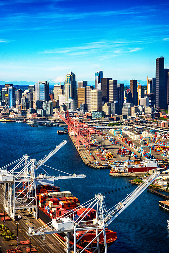 Aerial view of the main Port of Seattle Washington shot from an orbiting helicopter during a photo flight.