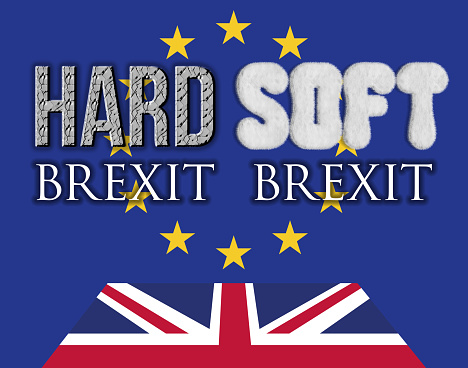 EU Flag and UK Flag with Hard Brexit - Soft Brexit. Current politics in Europe/UK.