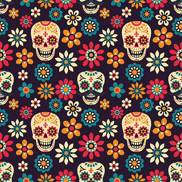 Day of the Dead Seamless vector pattern with sugar skulls and flowers on dark background. mexico illustrations stock illustrations