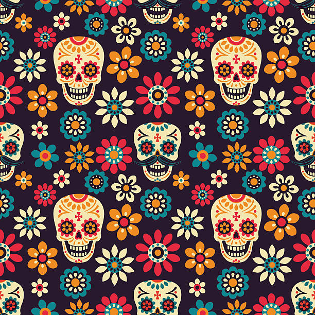 Day of the Dead Seamless vector pattern with sugar skulls and flowers on dark background. skull patterns stock illustrations