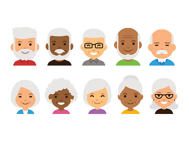 Old people avatars Old people cartoon avatars set. Isolated vector illustration of diverse senior characters. aging process illustrations stock illustrations