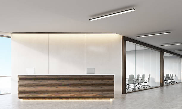 istock Front view of wooden reception counter 620708584