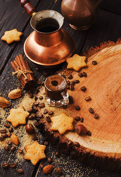 istock Turkish coffee in a small cup, cookies, selective focus 620709110