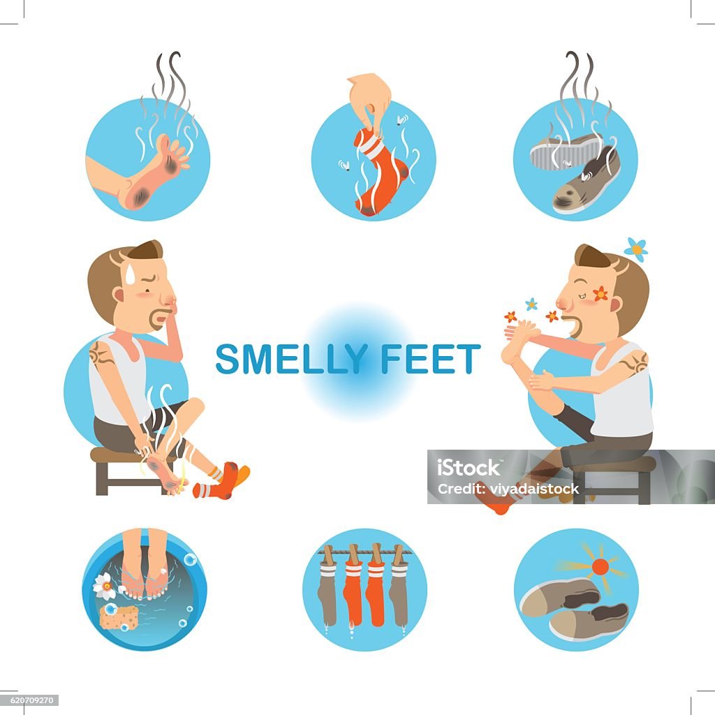 Smelly Feet Cartoon man unpleasant odor of socks and sneakers on his feet. Vector illustration Unpleasant Smell stock vector