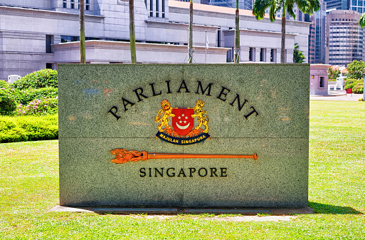 Singapore, Singapore - March 1, 2016: Granite sign at Parliament house building in Singapore.