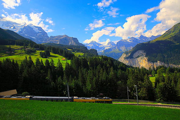 jungfrau and train, wengen alpine village, lauterbrunnen valley, swiss alps - interlaken railroad station train rural scene imagens e fotografias de stock