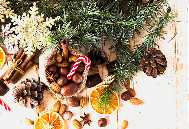 istock New Year or Christmas composition with walnuts, mulled wine, hazelnuts 620712932