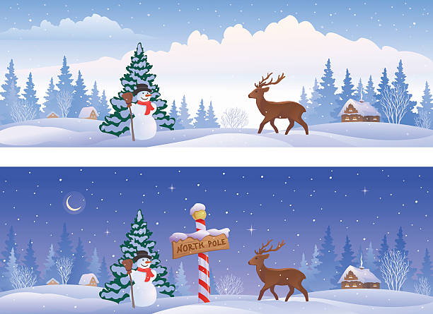 North pole landscape banners Vector illustration of Christmas landscapes with a North Pole sign, a snowman and a deer, panoramic banners. north pole stock illustrations