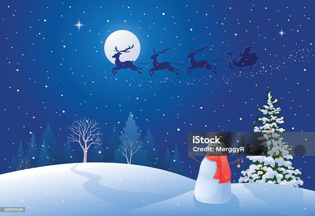 Snowy Christmas Vector illustration of a Christmas night with Santa Claus sleigh driving over snowy woods, and greeting snowman. Christmas stock vector