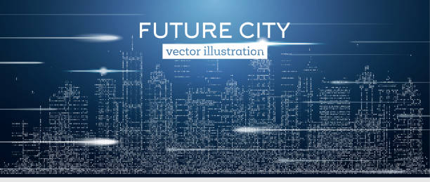 illustrazioni stock, clip art, cartoni animati e icone di tendenza di grande città con grattacieli al neon e flash. - european architecture flash