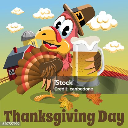 istock Thanksgiving day background pilgrim turkey holding beer mug 620727992