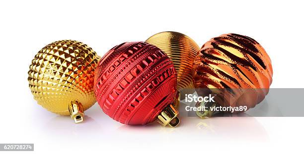 Golden And Red Christmas Balls Stock Photo - Download Image Now - Bright, Celebration, Christmas