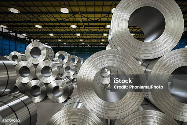 Roll Of Steel Sheet In Factory Stock Photo - Download Image Now - Steel, Steel Mill, Spiral