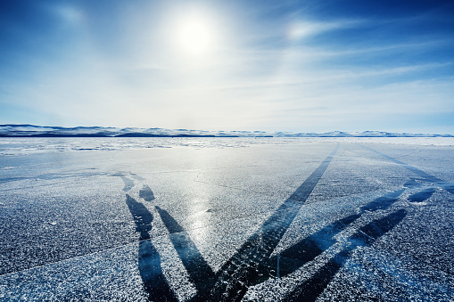 The ice of Lake Baikal with track