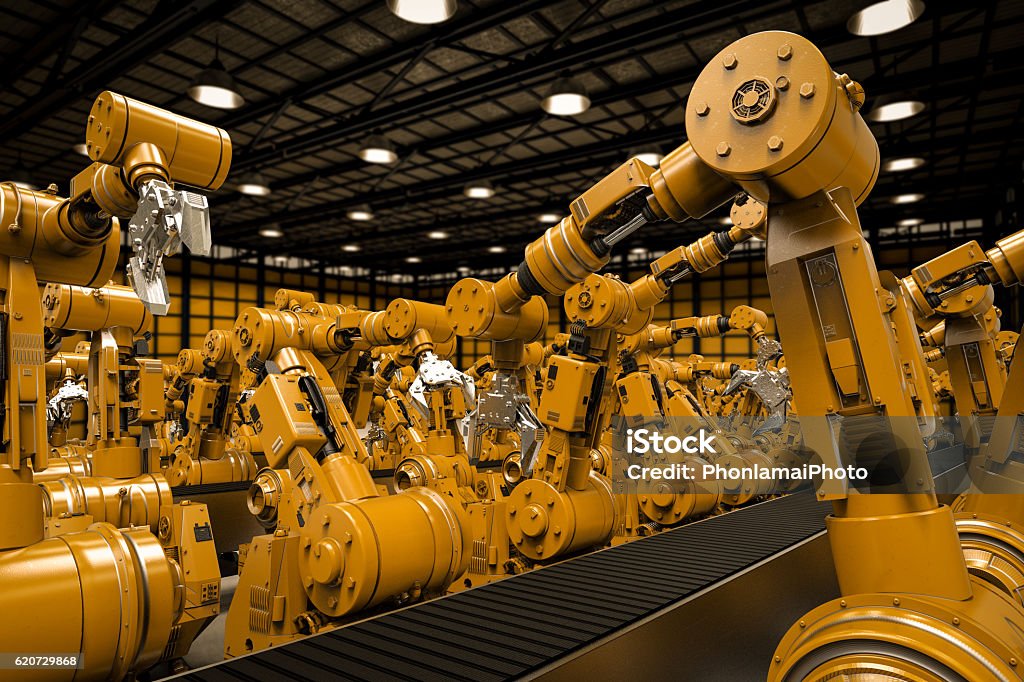 Brazos robóticos con cinta transportadora vacío - Foto de stock de Brazo robótico - Herramientas de fabricación libre de derechos