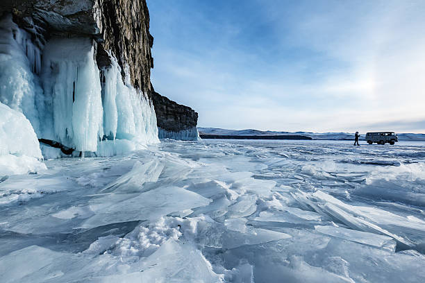 il ghiaccio del lago baikal - horizon over water horizontal surface level viewpoint foto e immagini stock