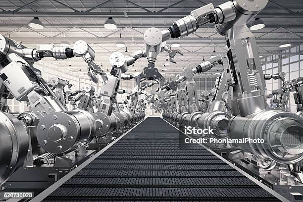 Robotic Arms With Empty Conveyor Belt Stock Photo - Download Image Now - Robotic Arm, Automated, Production Line