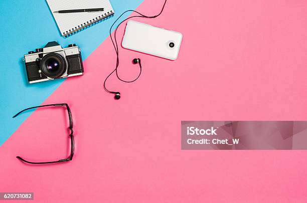 Flat Lay Photo Of A Creative Freelancer Woman Workspace Desk Stock Photo - Download Image Now