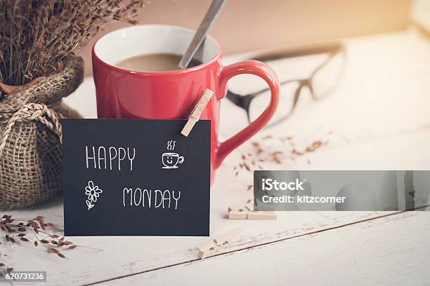 Happy Monday Massage On Notebook With Coffee Stock Photo - Download Image Now - Monday, Happiness, Coffee - Drink