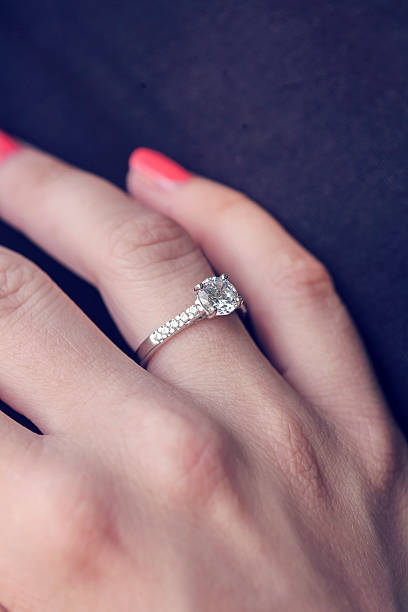 istock Woman's hand wearing an engagement ring 620733342