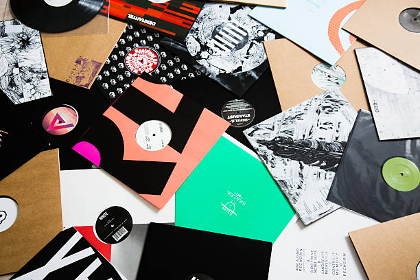 Kaliningrad, Russia - February 25, 2016: Bunch of different vinyl records on the floor. House and techno record labels such as: Hostom, Perlon, ODE, Double Standard, Ugold, Sensual, Memoria and etc.