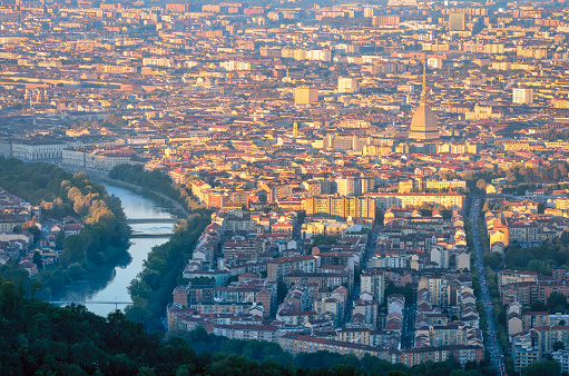 Turin (Torino) panorama at sunrise with Mole Antonelliana
