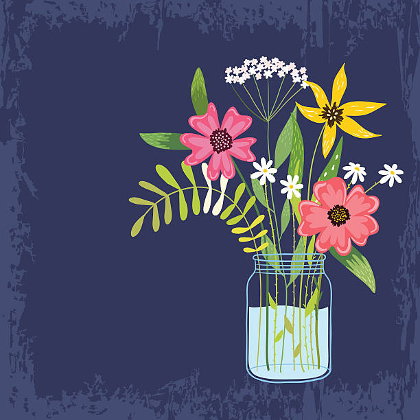 illustrations, cliparts, dessins animés et icônes de bouquet de fleurs et de feuilles brillantes dans un bocal en verre. - flower pot