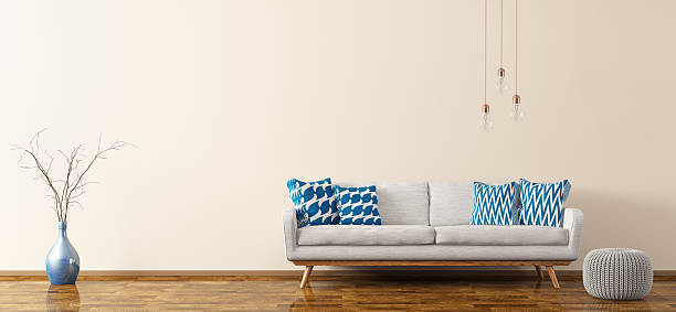 소파와 푸프 3d 렌더링거실 의 내부 - cushion sofa pillow indoors 뉴스 사진 이미지