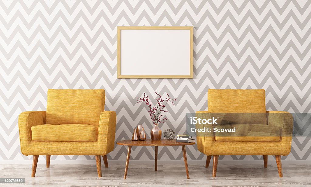 Interior with two armchairs and coffee table 3d rendering Interior of living room with coffee table, two yellow armchairs and frame 3d rendering Wallpaper - Decor Stock Photo