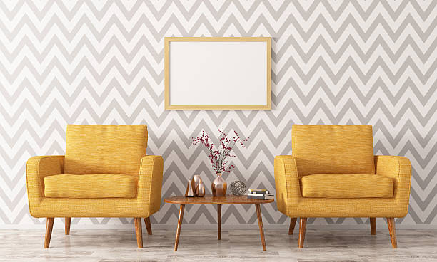 Interior with two armchairs and coffee table 3d rendering Interior of living room with coffee table, two yellow armchairs and frame 3d rendering mustard yellow fabric stock pictures, royalty-free photos & images