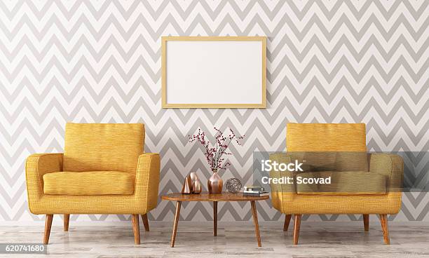 Interior With Two Armchairs And Coffee Table 3d Rendering Stock Photo - Download Image Now