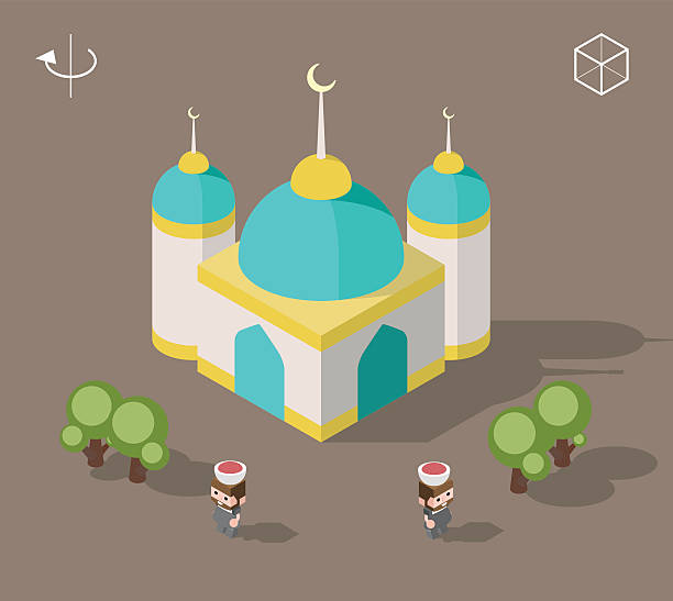 illustrazioni stock, clip art, cartoni animati e icone di tendenza di moschea con ombre su sfondo scuro. - isometric middle east tree mosque