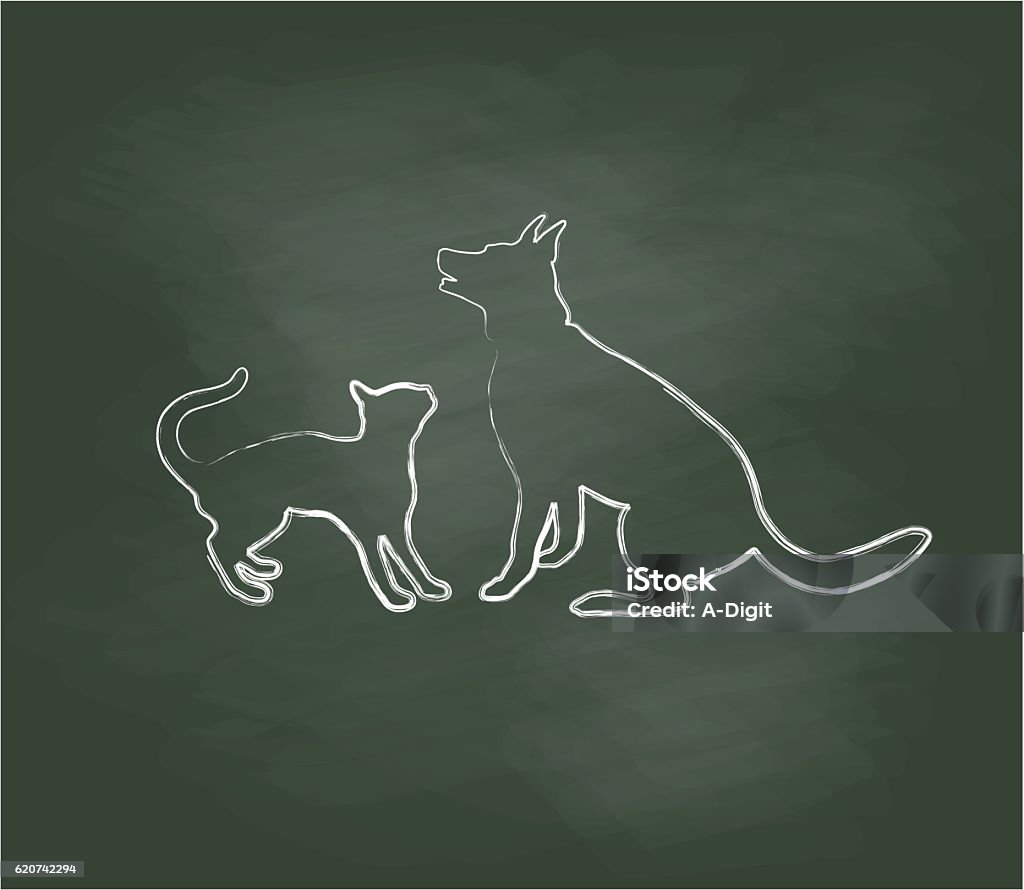 Chalkboard German Sheppard And Cat A chalk outline vector silhouette illustration of a cat and dog posing together nicely. Domestic Cat stock vector