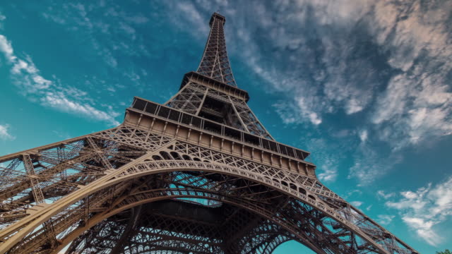 france sunset twilight eiffel tower blue sky down to top view paris 4k time lapse