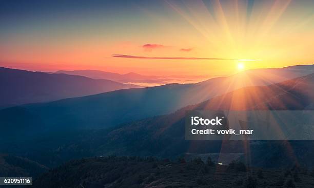 Panoramic View Of Colorful Sunrise In Mountains Stock Photo - Download Image Now - Sunrise - Dawn, Landscape - Scenery, Dawn
