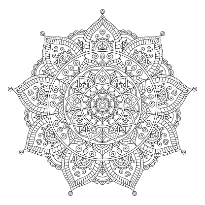 Vector hand drawn doodle mandala with hearts. Ethnic mandala with colorful ornament. Isolated. Tribal floral ornament. Coloring anti stress page for coloring book. Outline.