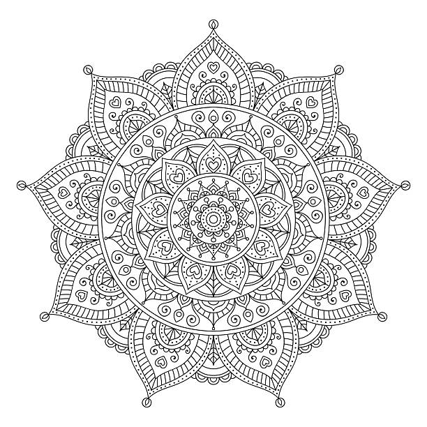 color doodle mandala Vector hand drawn doodle mandala with hearts. Ethnic mandala with colorful ornament. Isolated. Tribal floral ornament. Coloring anti stress page for coloring book. Outline. mandala stock illustrations