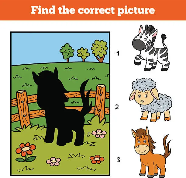 Vector illustration of Find the correct picture. Little horse and background