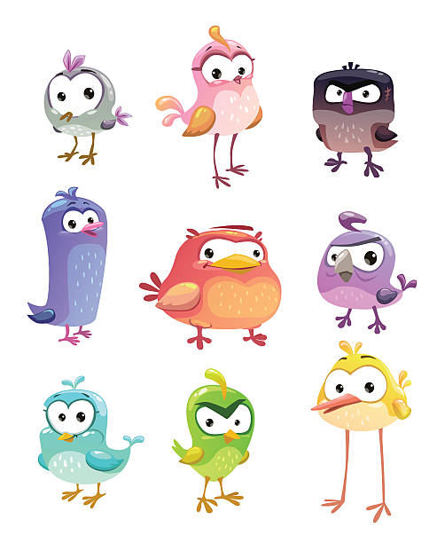 illustrazioni stock, clip art, cartoni animati e icone di tendenza di divertente set di uccelli in piedi cartone animato - animal young bird baby chicken chicken