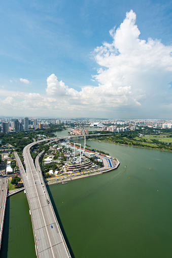 Singapore, Singapore - September 6, 2016: Aerial view of downtown Singapore during a warm day. Singapore River, the Singapore flyer ferris wheel amongst the skyscrapers and highways.