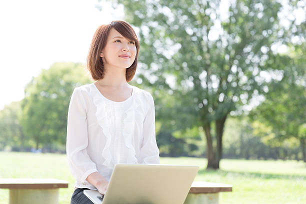 istock Japanese woman using a laptop 620961980