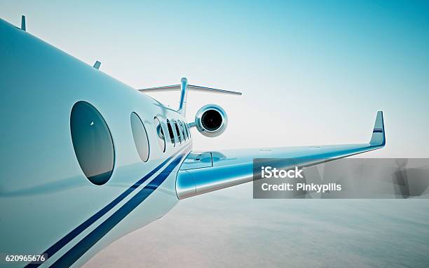 Closeup Of Realistic Photo White Luxury Generic Design Private Jet Stock Photo - Download Image Now