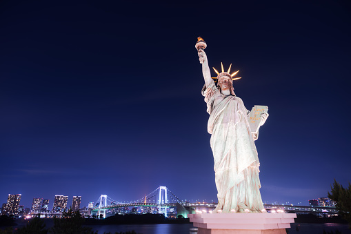 Statue of Liberty in Odaiba area, Tokyo, Japan at night