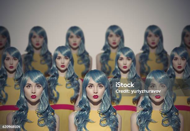 Many Glamour Beauty Woman Clones Identical Crowd Concept Stock Photo - Download Image Now
