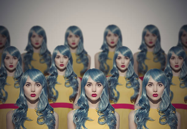 many glamour beauty woman clones. identical crowd concept. - repetition imagens e fotografias de stock