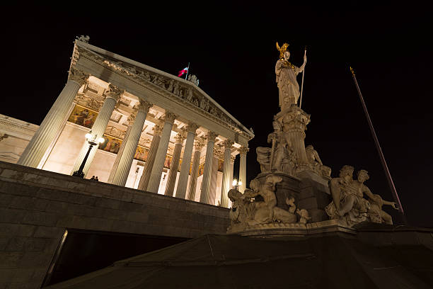 Austrian Parliament Building night autumn The Austrian Parliament Building (German: Parlament or Hohes Haus, formerly the Reichsratsgebauede) at night in autumn ringstraße boulevard stock pictures, royalty-free photos & images