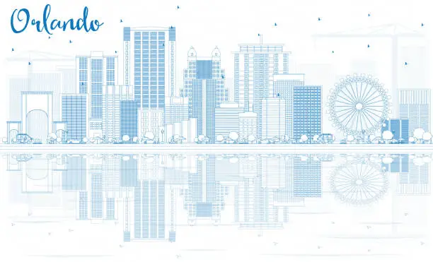 Vector illustration of Outline Orlando Skyline with Blue Buildings and Reflections.