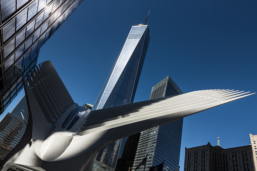 New York, United States - September 22, 2016: Manhattan modern architecture. View of the Freedom Tower and Oculus in downtown Manhattan