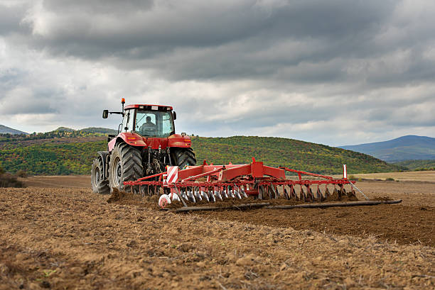 agricultor no tractor preparação de terra com seedbed cultivator - seedbed imagens e fotografias de stock